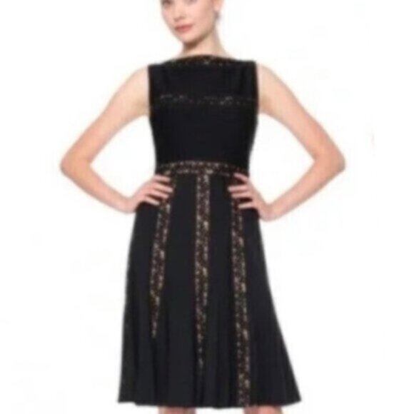 NWT Tadashi Shoji Black and Tan Pintuck Jersey Lace Knee Length Dress - Picture 10 of 12